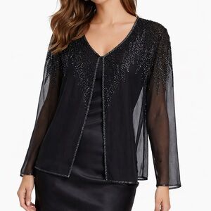 JMD New York Beaded Sheer Mesh Cover Up Tunic Top Black Blue Sparkle Party L